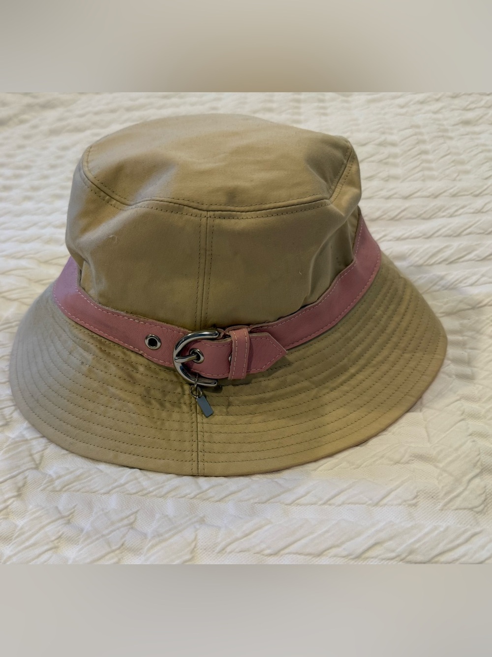 Coach Khaki Bucket Hat with Pink Trim